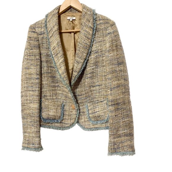 Cache Brown Blue tweed Blazer Jackets Frayed Trim Womens Size 10 - Picture 2 of 14